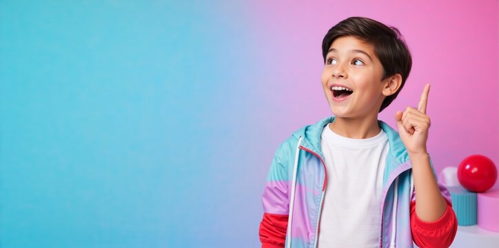 Excited boy having great idea pointing up against gradient background. Happy kid with inspiration gesture and copy space