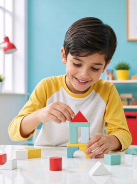 Smiling boy playing with wooden blocks at table. Vertical portrait of child building colorful geometric tower at home