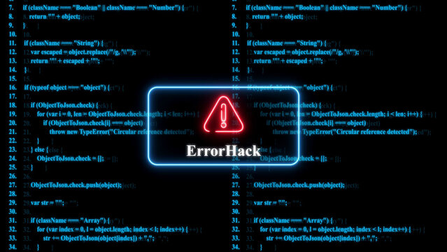 A glowing red warning triangle with the text error hack centered over a dark blue background, of scrolling computer, programming code