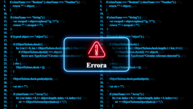 A glowing red warning triangle with the text errora centered over a dark blue background, of scrolling computer, programming code