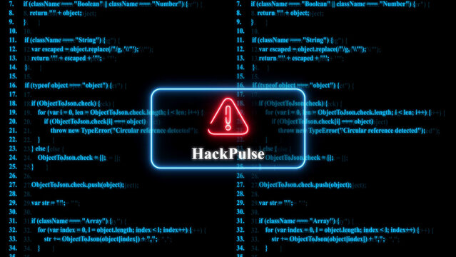 A glowing red warning triangle with the text hack pulse centered over a dark blue background, of scrolling computer, programming code