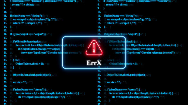 A glowing red warning with the text err x centered over a dark blue background, filled with lines, of computer programming, code text