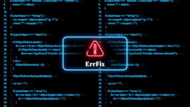 A glowing red warning with the text err fix centered over a dark blue background, filled with lines, of computer programming, code text