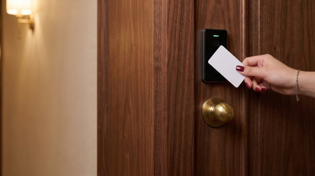 Hand holding key card to electronic lock on hotel room door