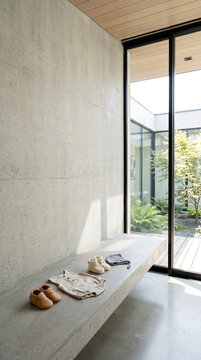 Baby Clothes and Leather Shoes on Concrete Bench in Minimalist Modern Home