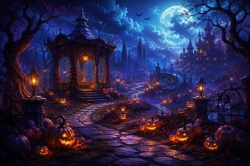 Obraz premium Moonlit Halloween village with glowing pumpkins and gothic castle