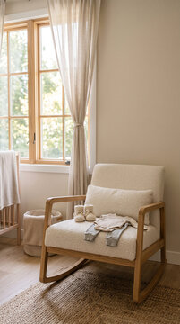 Modern nursery room with wooden rocking chair and baby outfit near window