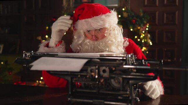 Merry Christmas. Santa mail. Happy Santa typing tact on typewriter for New Year Christmas in festive living room. Santa typing letter on Christmas eve. Mail of Santa Claus. Winter Holiday Celebrations