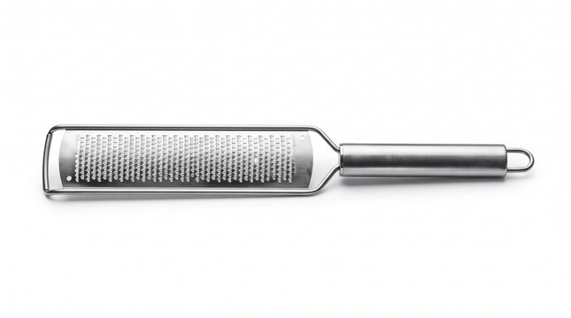 Stainless steel hand grater isolated on white background, metallic fine zester tool, professional kitchen rasp utensil for cooking