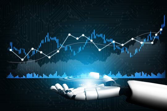 A stylized robotic hand presents a vibrant digital data display with graphs and circuit patterns, symbolizing technology impact on data visualization and analysis. Scalp