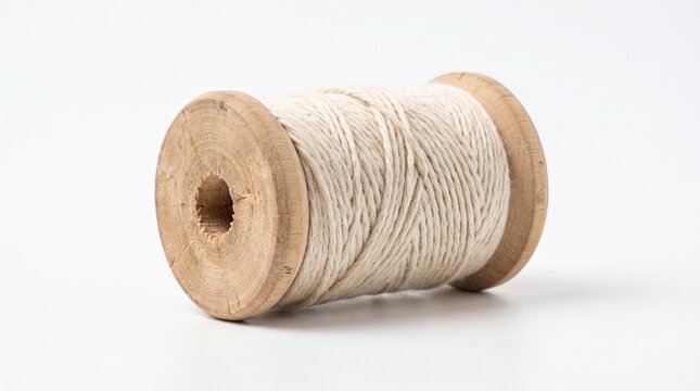 Vintage wooden spool with natural cotton thread, rustic sewing bobbin isolated on white background, craft material for tailoring