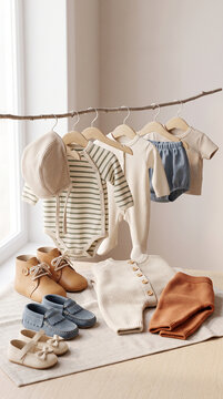Baby shoes and clothes illustration in modern commercial stock setting