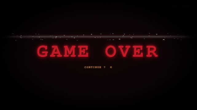Retro Arcade Game Over Screen with Glowing Red Neon Typography and Continue Countdown Timer on Flickering Vintage CRT Television Monitor for Video Game Overlays and 80s Nostalgic Content