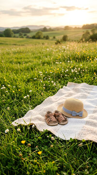 Baby sandals and sun hat in modern commercial stock setting