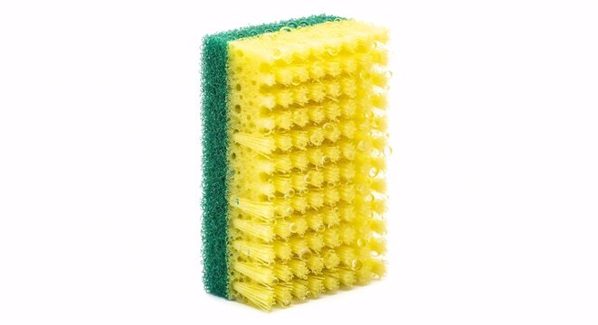 Yellow and green cleaning sponge with water droplets on white
