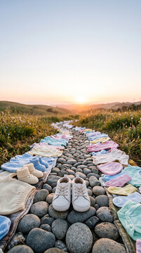 Baby shoes on stone path in modern commercial stock setting