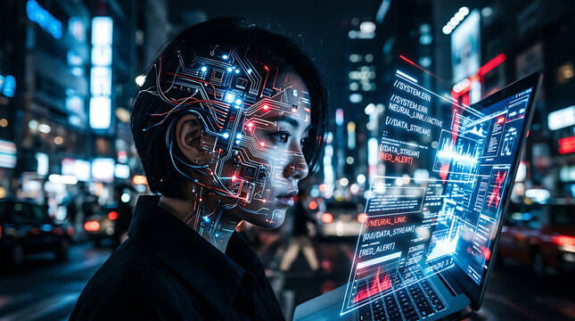 Young woman with digital pixelated face effect standing on a busy city street at night