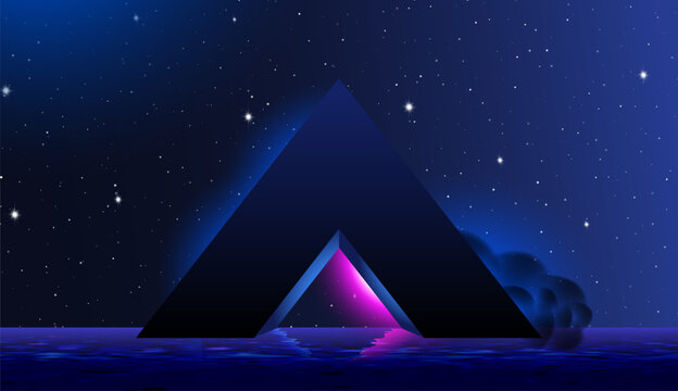 Dark geometric pyramid beneath starry night sky with glowing triangular portal