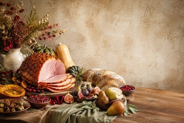Fototapeta premium Rustic holiday ham feast with fruit, bread, and seasonal decor