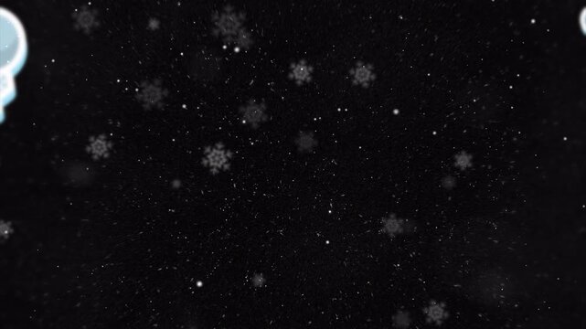Animated cartoon clouds with falling snowflakes against a black background.