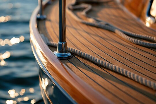 Immaculate boat deck with polished stainless fittings and coiled rope in warm sunlight
