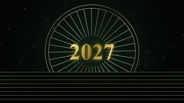 Golden 2027 with radial circle lines on elegant black background