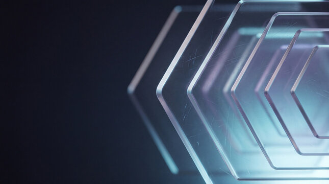 Abstract geometric background with layered translucent hexagonal shapes and subtle scratches in cool blue and purple tones