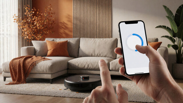 Person controlling robot vacuum cleaner with smartphone app in modern living room, smart home automation concept