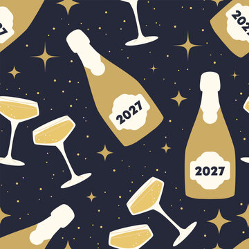 seamless New Year&rsquo;s Eve 2027 pattern with champagne, bubbles and stars- vector illustration