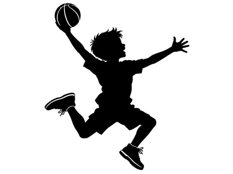 Silhouette of a young boy jumping and shooting a basketball against a white background