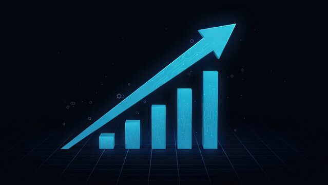 Financial growth bar chart with rising blue arrow, glowing stock market upward trend indicator, corporate success metrics