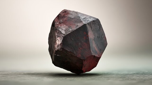 Macro studio shot of raw selenium crystal with dark faceted surface and burgundy patches on blurred cream beige background