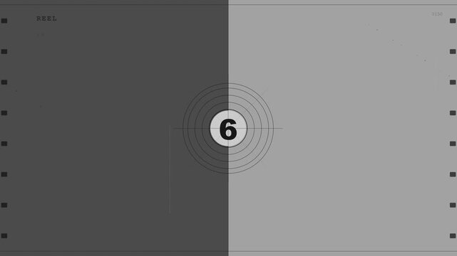 Retro Vintage Film Leader Clock Countdown from 5 to 1 with Clockwise Rotating Hand, Target Circles, Celluloid Scratches, and Projector Jitter on Sepia for Nostalgic Movie Title Intros