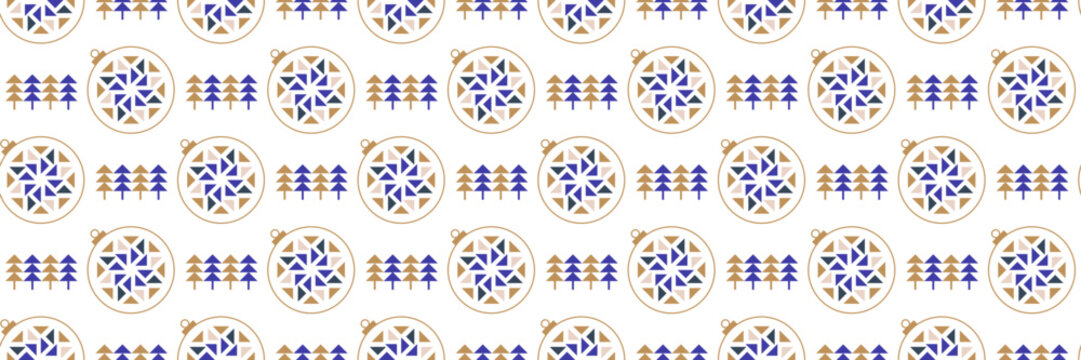 Seamless pattern of geometric christmas baubles and stylized pine trees. Modern holiday decoration background.