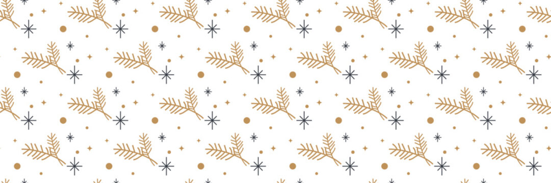 Seamless pattern golden pine branches with line stars and minimalist dots. Elegant christmas holiday decoration background.