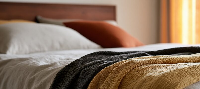Cozy bedroom detail with pillows, folded throw, wooden headboard and glowing curtain
