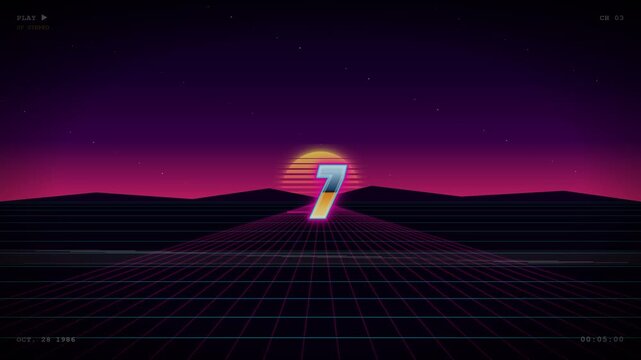 Retro 1980s Synthwave VHS Countdown from 5 to 1 in Glowing Neon Pink Cyan Pixel Typography with Analog Tape Tracking Distortion and Scanlines on Dark Background for Retrowave Intros