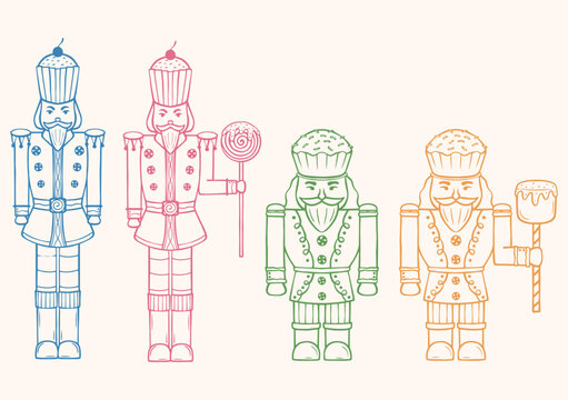 Pastel Christmas Nutcracker Vector Set with Cupcake Hats, Sweets, and Lollipops
