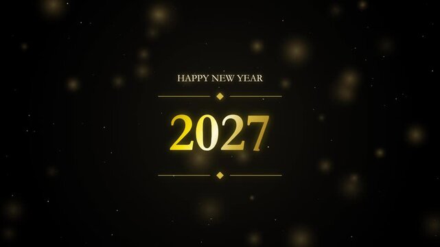 Golden 2027 with flowing curved lines and sparkling particles
