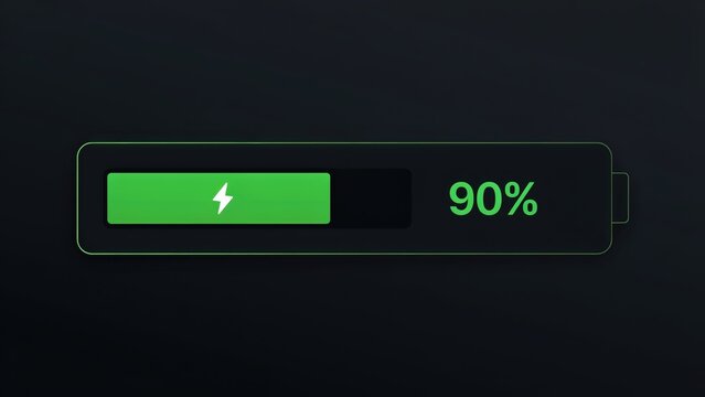 Digital battery status charging indicator displaying 90% power, modern smartphone user interface element on dark background