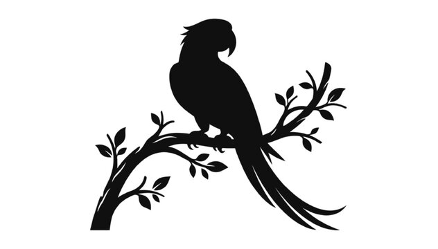 Parrot perched on a decorative leafy branch displayed as a clean black and white vector silhouette isolated on white background.