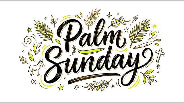 Palm Sunday hand drawn lettering typography illustration with palm fronds, cute donkey, cross and christian religious doodles vector background.
