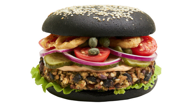 Gourmet veggie burger with black bun isolated on transparent