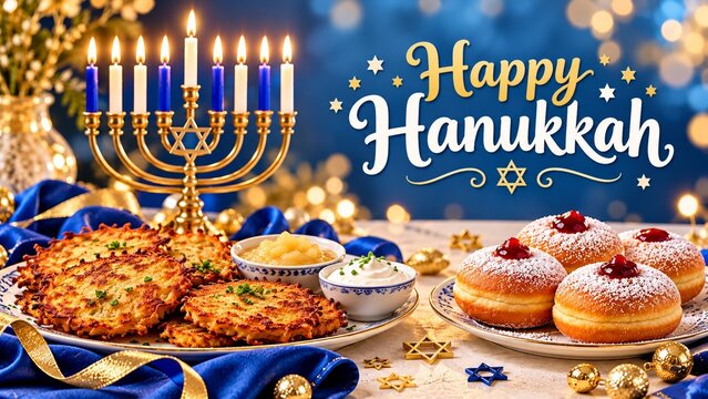 Happy Hanukkah Festive Table Banner with Golden Potato Latkes Sufganiyot Donuts Applesauce and Lit Menorah