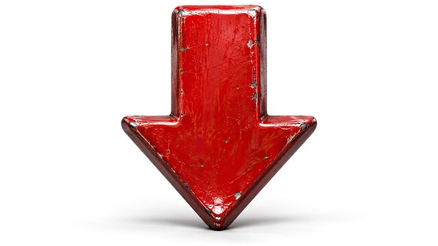 A grunge textured red arrow pointing downwards isolated on a plain white background used for indicating direction or decline.