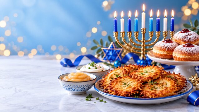Hanukkah Still Life with Crispy Potato Latkes Jelly Sufganiyot Lit Menorah and Copy Space on Marble Table