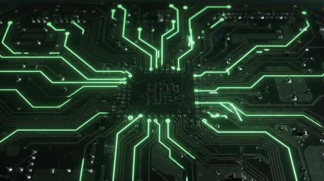 Glowing Green Circuit Board Animation: Data Flow and Network Connection Concept