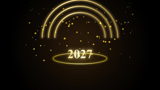 Golden 2027 under glowing rainbow arcs with festive particles