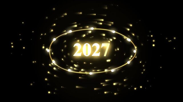 Golden 2027 inside sparkling oval ring with flying particles