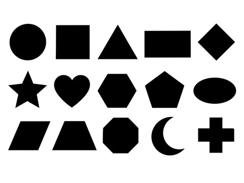 Black geometric shapes on a white background including circle square triangle star and more